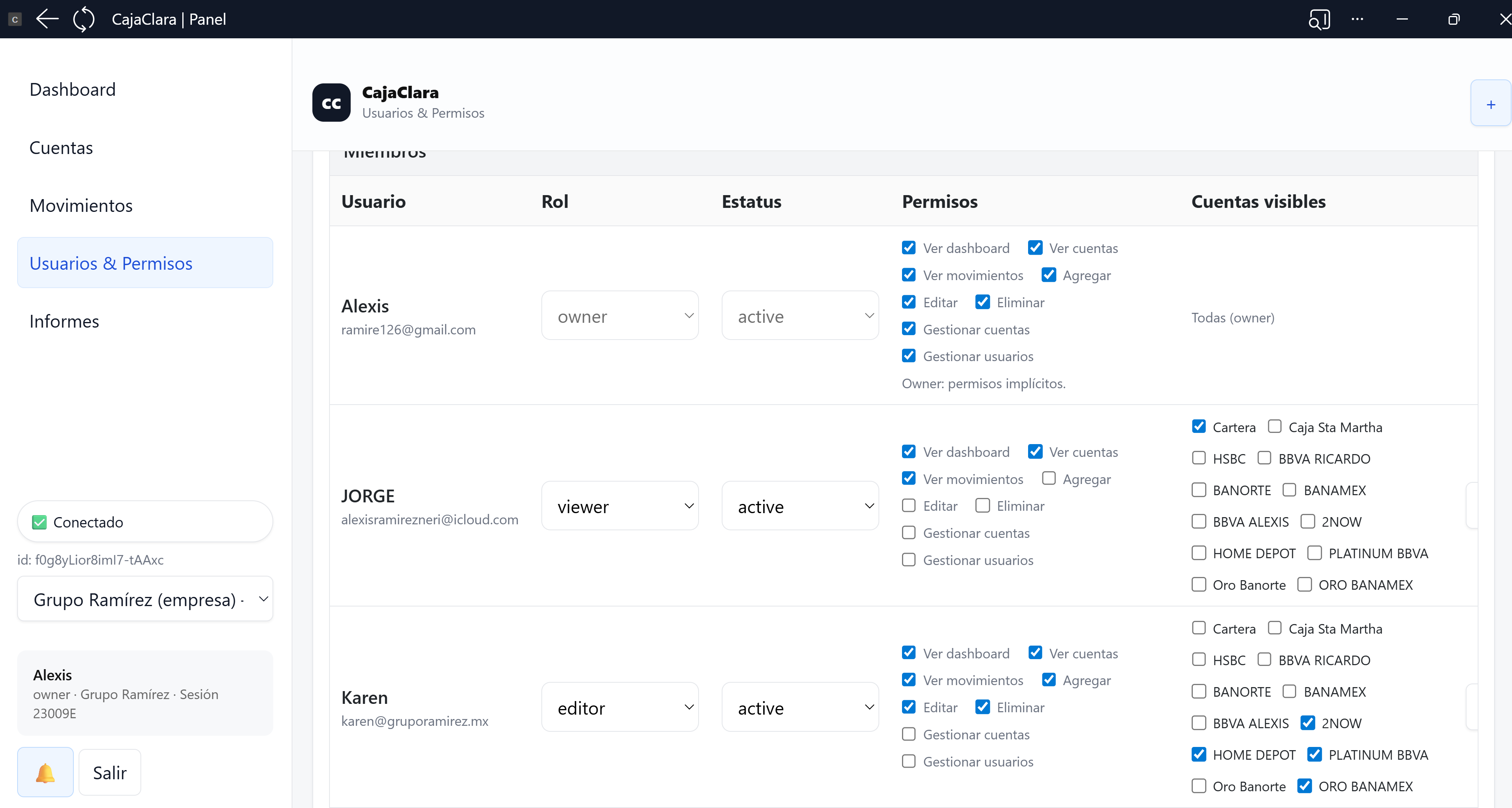 CajaClara - Panel Usuarios & Permisos
